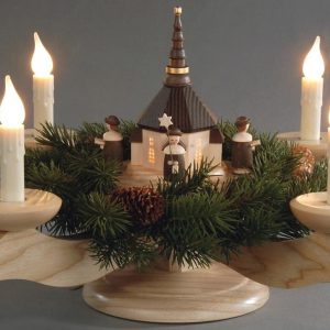 Albin Preissler Fensterleuchter, Warmweiß, Adventsleuchter, mit Seiffener Kirche mit Kurrende