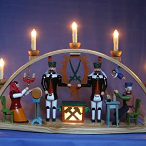 Exclusiver Schwibbogen Bergmann-Schnitzer-Klöppelfrau mit beleuchteter Grubenlampe – Handarbeit aus dem Erzgebirge !