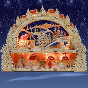 HGS LED Schwibbogen mit Podest, Skifahrer mit Pyramide Leuchter Lichterbogen Weihnachten Advent 43x34x9 cm