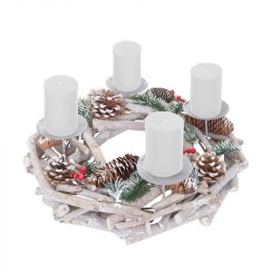 homegoodsdeluxe Adventskranz »Tischkranz rund, Weihnachtsdeko Adventskranz, Holz Ø 35cm weiß-grau ~ mit Kerzen, weiß«