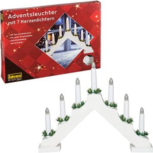 Idena 8582067 – Adventsleuchter aus weiß lackiertem Holz mit 7 warmweißen Kerzenlichtern, mit Ersatzlampe, Anschlusskabel mit Schalter, ca. 40 x 30…