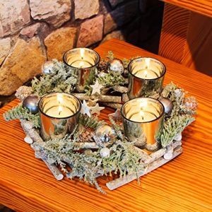 Kamaca Adventskranz aus massiven Holzzweigen mit Deko wie Tannenzweigen und Glas Kerzenhaltern inklusive 4 LED Teelichter Advent Weihnachten (grün…