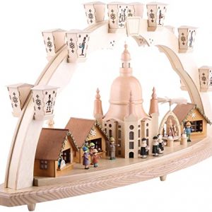 Richard Glässer Seiffen Schwibbogen Dresdner Frauenkirche mit Pyramide, Länge 80 cm, Natur, komplett elektrisch beleuchtet, original Erzgebirge