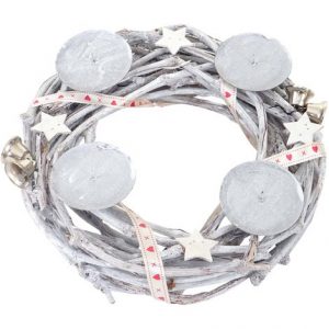 Tischkranz rund, Adventskranz Weihnachtsdeko, Holz Ø 30cm weiß-grau ~ ohne Kerzen