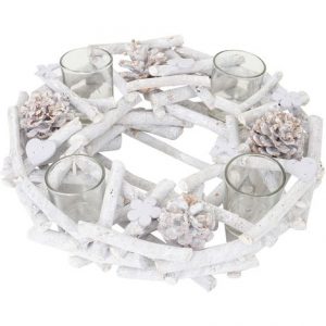 Tischkranz rund mit Teelichthaltern, Adventskranz Weihnachtsdeko Adventsgesteck, Holz Ø 30cm weiß-grau