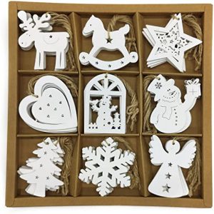 DARO DEKO Holz Dekohänger 6 x 7cm Mix 54 Stück Anhänger Weihnachtsbaum Christbaumschmuck weiß