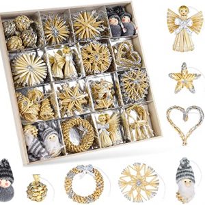 Homewit Strohsterne Schneeflocke Set, 56 Teiliges Christbaum-Schmuck aus Stroh mit Silber Glitzer, Stroh-Anhänger in Holzkiste für den…