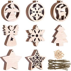 Kiiwah 48 Stück Christbaumschmuck Holz, Weihnachten Holzanhänger Weihnachtsanhänger mit Saiten und Perlen für Weihnachtsbaumschmuck