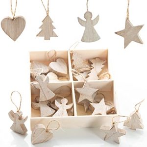 Logbuch-Verlag 24 kleine Holzanhänger Herz + Stern + Engel + Baum – naturfarbene Holz Weihnachtsdeko