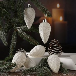 MARELIDA Christbaumschmuck »Christbaumschmuck Baumschmuck ZAPFEN bruchfest glitzernd H: 8cm weiß 6er Set«