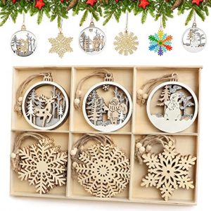 Weihnachtsbaumschmuck Holz, AmzKoi 24 Stück Christbaumschmuck Holz Mit Hanfseil und Beweglichen Holzperlen, 6 Designs Schneemann Weihnachtsmann…