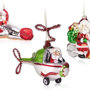 BRUBAKER Christbaumschmuck »Weihnachtskugel Set Weihnachtsmann auf Reisen« (3-tlg), Handbemalte Baumkugeln Santa mit Motorrad, Flugzeug und…