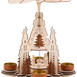 BRUBAKER Weihnachtspyramide »Teelicht Holzpyramide Kathedrale – 2 Etagen«, Teelichtpyramide aus Holz mit 4 Teelichthaltern aus Metall, 29 cm hoch,…