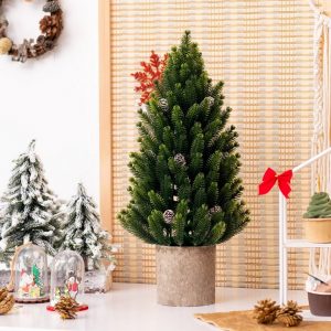 COSTWAY Künstlicher Weihnachtsbaum, 47cm hoch Tisch Weihnachtsbaummit 170 Zweigen, 14 Tannenzapfen & Sockel, Mini Tannenbaum Grün