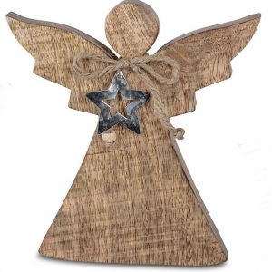 dekojohnson Engelfigur »Weihnachtsengel mit Stern aus Mango-Holz 14x2x15cm« (kein Set, kein Set)