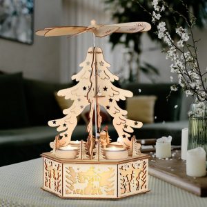 etc-shop LED Dekolicht, Weihnachtspyramide LED Winterlandschaft drehbar beleuchtet Weihnachtspyramide Holz, Teelichthalter Flügelrad Tannen- &…