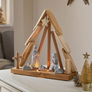 Home-trends24.de Krippe »LED Krippe Weihnachtsdeko Deko Stall Figuren Winter Weihnachtskrippe Skulptur Objekt Holz Beton«