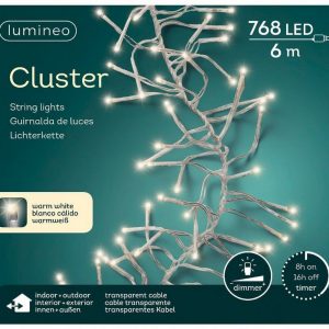 Lumineo LED-Lichterkette »Lumineo Lichterkette Cluster 768 LED’s 6 m warm weiß, transparentes Kabel«, Indoor & Outdoor, dimmbar, 8h-Timer,…