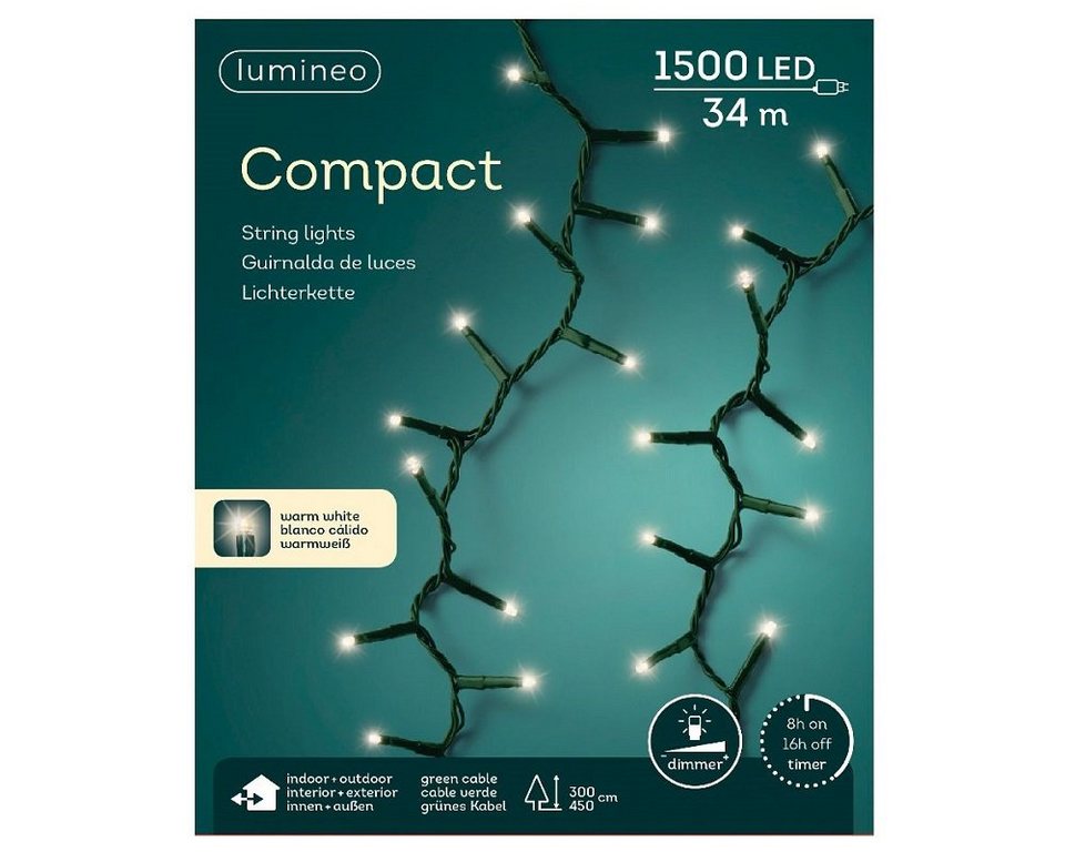 Lumineo LED-Lichterkette »Lumineo Lichterkette Compact 1500 LED's 34 m warm weiß, grünes Kabel«, Indoor & Outdoor, dimmbar, 8h-Timer, Weihnachten,...