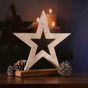 MARELIDA Dekoobjekt »Dekostern Metallstern stehend Mangoholz H: 28,7cm Weihnachtsdeko natur silber« (1 St)