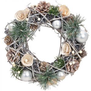 matches21 HOME & HOBBY Adventskranz »Adventskranz Kranz Rosen Zapfen weiß silber Holz Ø 24 cm«