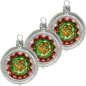 Schatzhauser Weihnachtsbaumkugel »Reflexkugel silber Ø 6cm, Reflex gold/grün/rot« (3 St), mundgeblasen, handbemalt