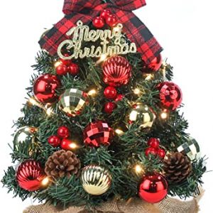 Mini Weihnachtsbaum Kleiner Weihnachtsbaum mit Beleuchtung LED Tisch Weihnachtsbaum klein künstlich geschmückt für Weihnachten Deko 40cm (Rot mit…
