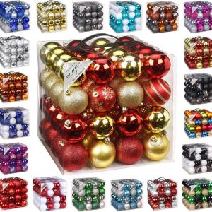 64x Kunststoff Christbaumkugeln Ø 6cm Kugel Box Glanz Glitzer Matt Dekor Inge inkl. Aufhänger, Farbe:Red-Gold-Mix
