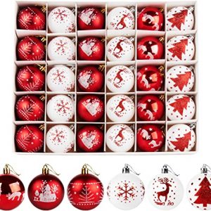 Homewit Weihnachtskugeln, 30 Stücke 6CM Kunststoff Christbaumkugeln Weihnachtsdeko mit Weihnachtsbaumschmuck Traditionelles Thema Rot Weiß,…