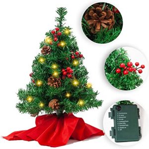 JOYIN 50.8cm Mini Künstlicher Weihnachtsbaum, LED Beleuchtung Christbaum mit Tannenzapfen und rote Beere für Weihnachtsdekoration Zuhause und im Büro
