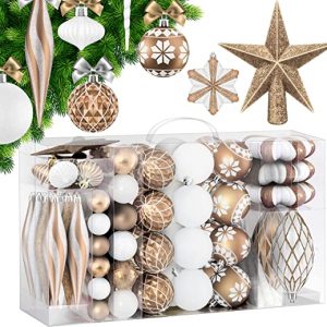 KESSER® Weihnachtskugeln 105-teiliges Set Champagne/Weiß, mit Baumspitze Christbaumkugeln Kunststoff Bruchsicher mit Plastik Weihnachtsbaumkugeln...