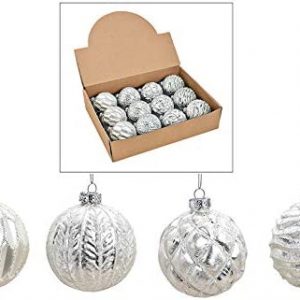 MC-Trend 12er Set edle Luxus Glas Weihnachtskugeln Ø 8cm Weihnachtsbaum Kugeln Christbaumkugeln Weihnachts Deko (Weiss Silber)