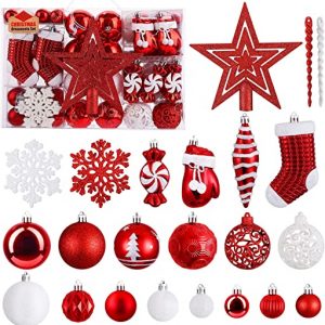 SOLEDI® 128er Set Premium Weihnachtskugeln Kunststoff Rot Weiß mit Baumspitze Stern – Robuste und Sichere Christbaumschmuck Set mit Haken -…
