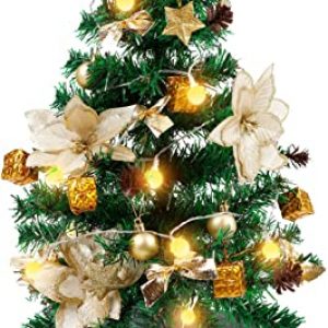 Winthai Mini Weihnachtsbaum 60cm, Kleiner Weihnachtsbaum mit Beleuchtung LED, Goldene Blume, Baumschürze, Tannenzapfen, Stern, usw. Mini Tannenbaum…