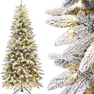 Yorbay Künstlicher Weihnachtsbaum Slim mit Beleuchtung LED Tannenbaum für Weihnachten-Dekoration, Schneebeflockt, Schmal, Weiß, 210cm