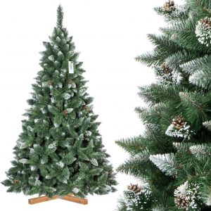 FairyTrees künstlicher Weihnachtsbaum Kiefer, Natur-Weiss beschneit, Material PVC, echte Tannenzapfen, inkl. Holzständer, 220cm, FT04-220