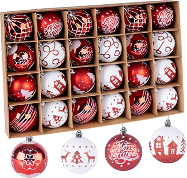 24pcs Weihnachtskugeln Kunststoff Set Rot Weiß,6cm Klassische Christbaumkugeln mit Anhänger und Schlüsselband Christbaumschmuck,Weihnachtsbaum…