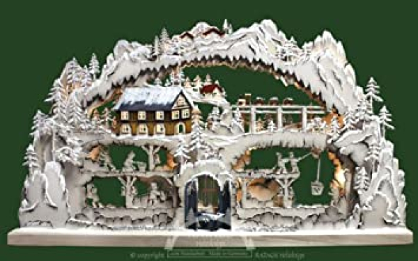3D-Doppelschwibbogen Bergbau grau mit Raureif – 72x42x8cm – Original Erzgebirge Schwibbögen – RATAGS