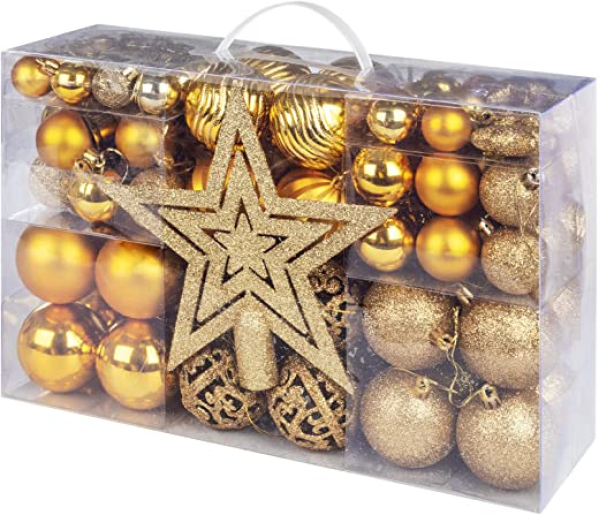 Adorfine 101 teilig Weihnachtskugel Set Christbaumkugeln Baumschmuck mit Gold Christbaumspitze Sterne Kiefernzapfen Weihnachtsbaumschmuck…
