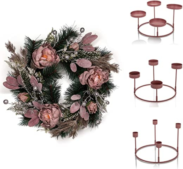 Adventskranz mit LED Lichterkette, Timer und 3in1 Metall Kerzenständer in Altrosa