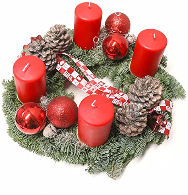 Adventskranz Weihnachtkranz Tannengesteck frische Tanne Frischtanne Tannengrün Dekokranz Weihnachten Weihnachtsdeko geschmückt rund grün rot Silber…