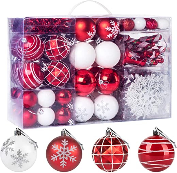 Agoer Weihnachtskugeln mit Schneeflocke 100 teilig, Glitze Plastik Christbaumkugeln Set für Weihnachtsbaum Dekoration, in Rot und weiß Farbe, für…