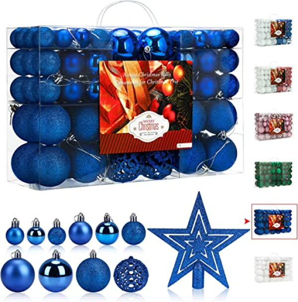 Aitsite 101 Stück Christbaumkugeln Blau Weihnachtskugeln 6CM/4 cm/2 cm Kunststoff Christbaumschmuck Wandbehang Ornamente Weihnachtsbaum Kugeln…