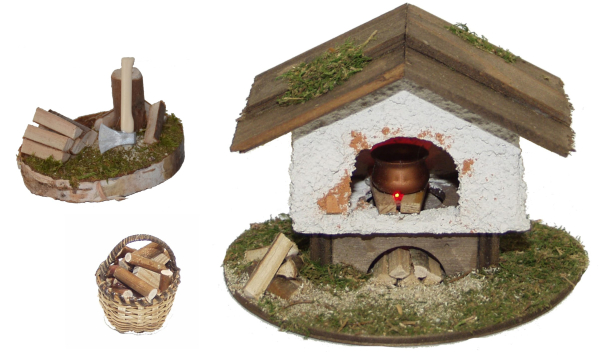 Alfred Kolbe Krippen-Zubehör, (Set, 3tlg.), Backofen und Hackstock, inkl. Holzkörbchen