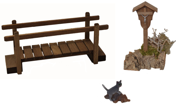 Alfred Kolbe Krippen-Zubehör, (Set, 3tlg.), Wegkreuz mit Brücke, inkl. Hund und Katze