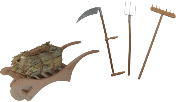 Alfred Kolbe Krippen-Zubehör, (Set, 5tlg.), Leiterkarren mit Heubündel, inkl. Rechen, Sense und Heugabel