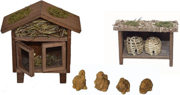 Alfred Kolbe Krippen-Zubehör (Set, 6tlg), Hasenstall mit 4 Hasen und Bienenhaus