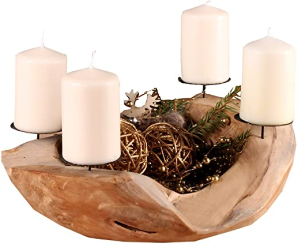 Ambientehome Teak Adventskranz Wurzelschale Holzschale Obstschale Schale massiv rund circa 35 cm Dekoschale, Braun, 35cm
