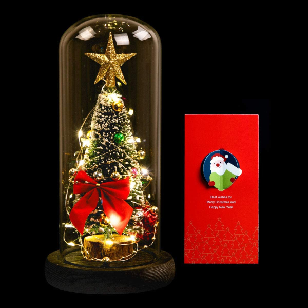 ANSUG Weihnachtsbaum in Glaskuppel auf Holzsockel, Mini Weihnachtsbaum mit Warm LED-Lichterkette für Tisch weihnachtliche Dekoration – Spezielle