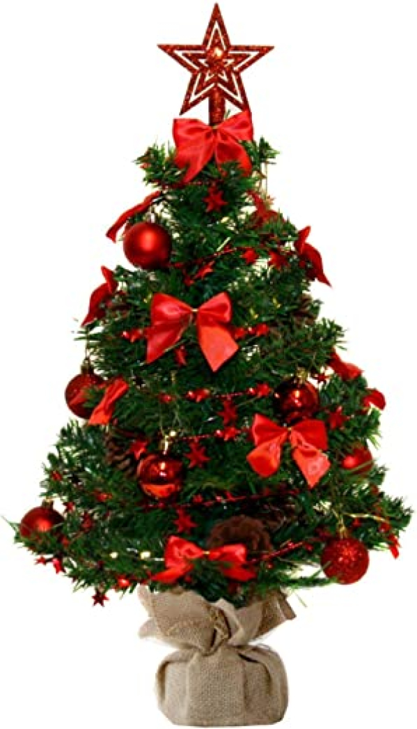 Baunsal GmbH & Co.KG Weihnachtsbaum Tannenbaum Christbaum künstlich 90 cm grün mit roter Dekoration inkl Lichterkette mit Micro LEDs und Fernbedienung